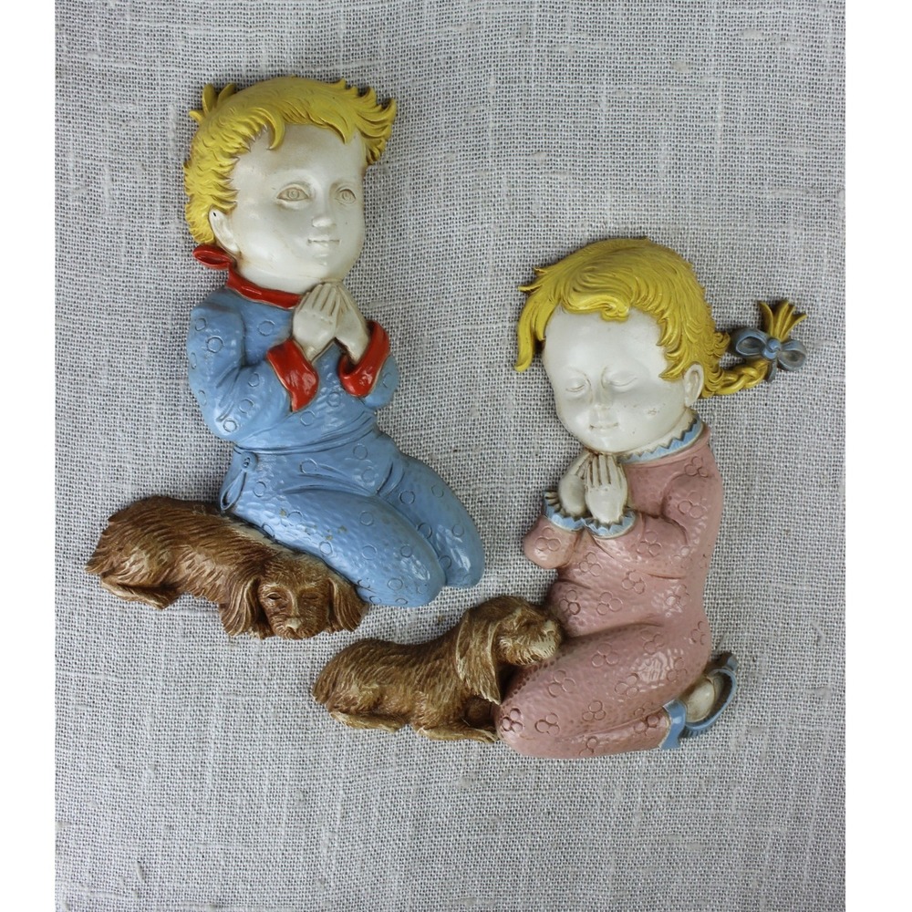 Vintage 1977 Homco Praying Boy and Girl Wall Plaques Set 7496 Made in USA